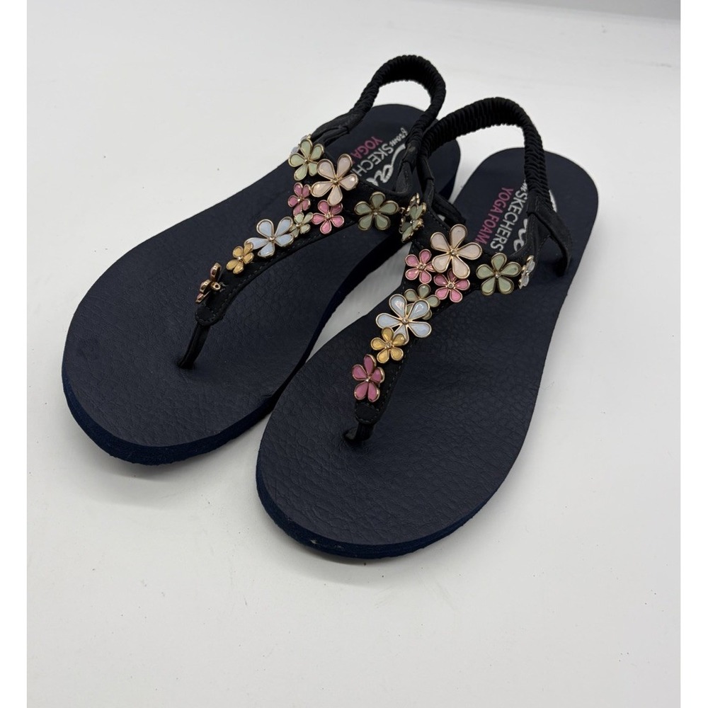 Skechers Women Size 10 Cali Meditation Happy Daisies Navy Blue Sandals
